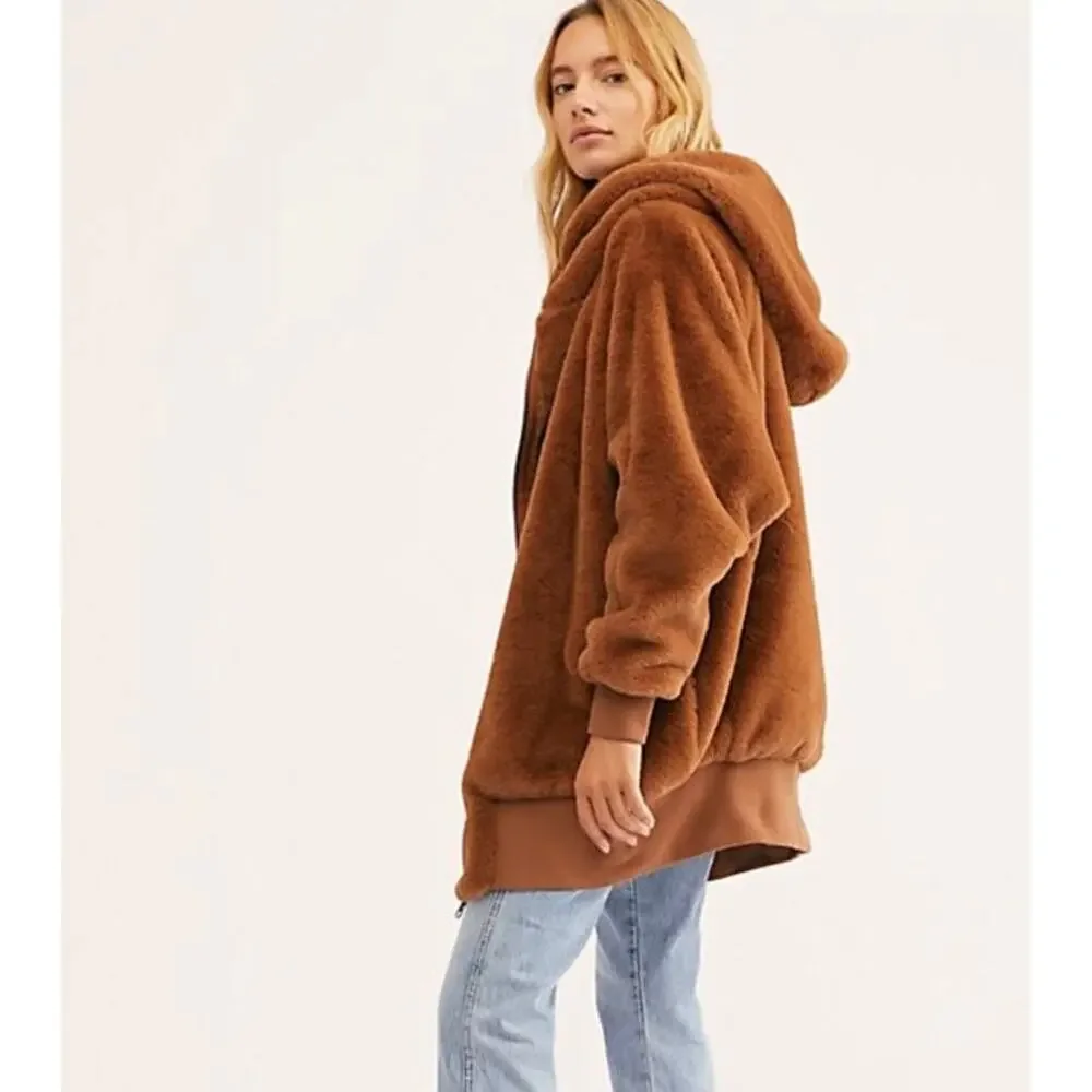 FREE PEOPLE Oversized Brown Faux Fur Hoodie Jacket Coat Size Medium